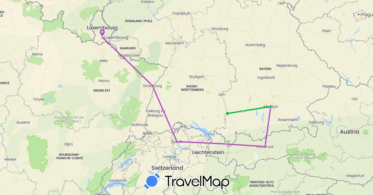 TravelMap itinerary: driving, bus, train in Austria, Switzerland, Germany, France, Luxembourg (Europe)
